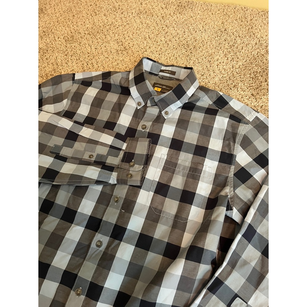 Eddie Bauer Travex Men Button Front Shirt L Blue Black Buffalo Plaid Classic Fit